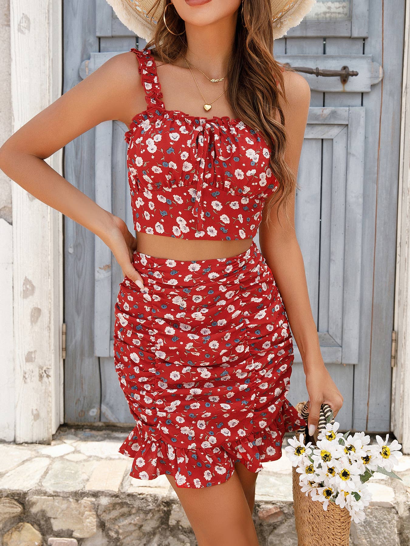 FLORAL DRESS SUIT WITH HALTER STRAPS