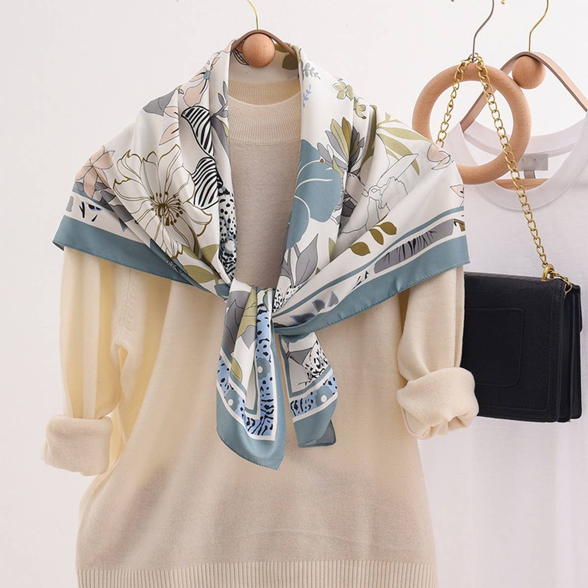 FLORAL PATTERN LARGE SQUARE SILK FEELING SCARF