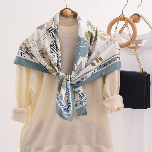 FLORAL PATTERN LARGE SQUARE SILK FEELING SCARF