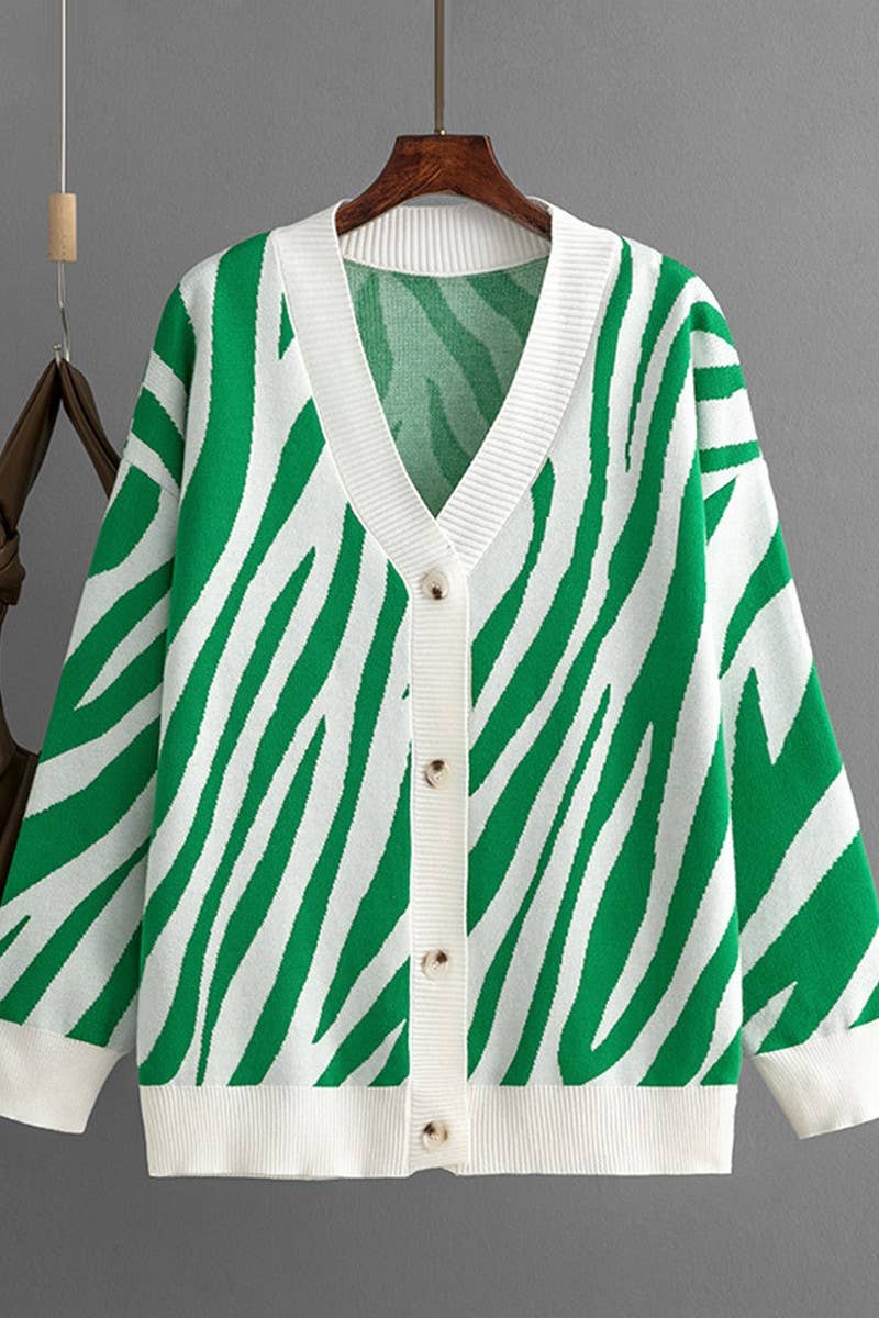 CWOCAL00673_SINGLE BUTTON STRIPED KNIT CARDIGAN