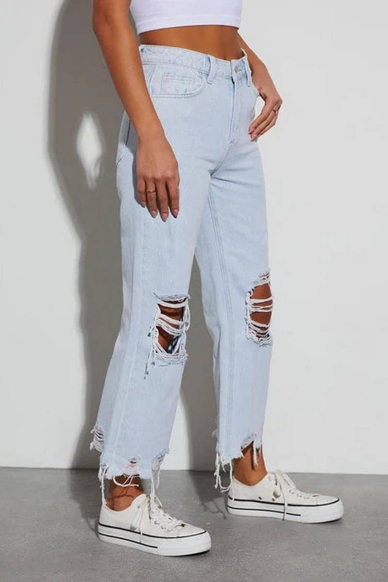 CWJP0595_VINTAGE WIDE LEG RIPPED STRAIGHT DENIM PANTS