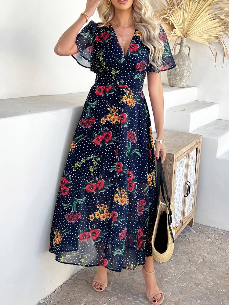 Boho Deep V Neck Chiffon Floral Mini Dress
