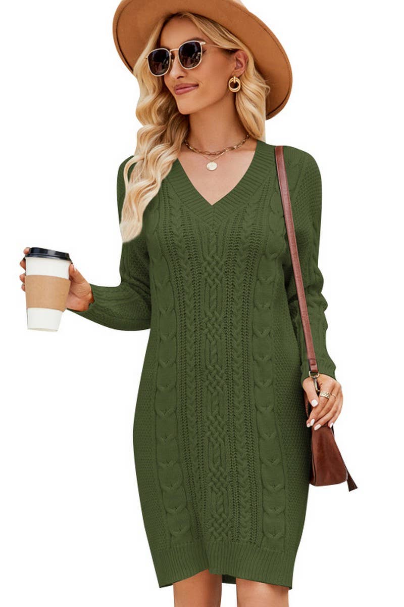 CWDSD5132_SOLID COLOR V-NECK CABLE KNIT LONG SWEATER DRESS