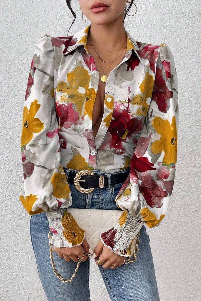 CWTSTL2885_PRINTED COLLARED PUFF SLEEVE LOOSE FIT SHIRT