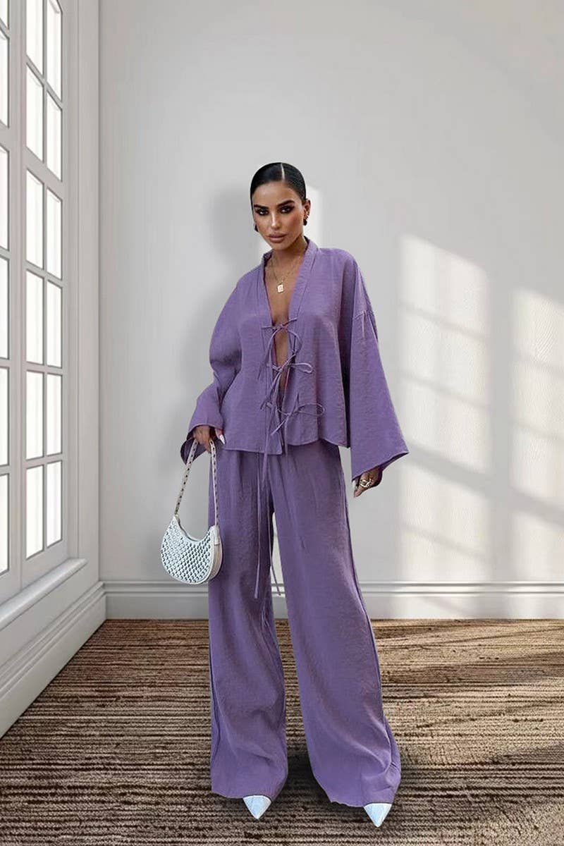 CWSPJ0370_SOLID COLOR LACE-UP CARDIGAN PAJAMA SET