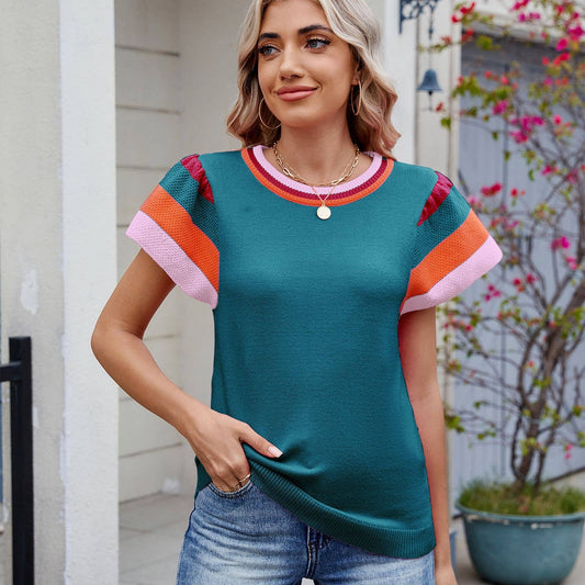 Color matching round neck pullover sweater