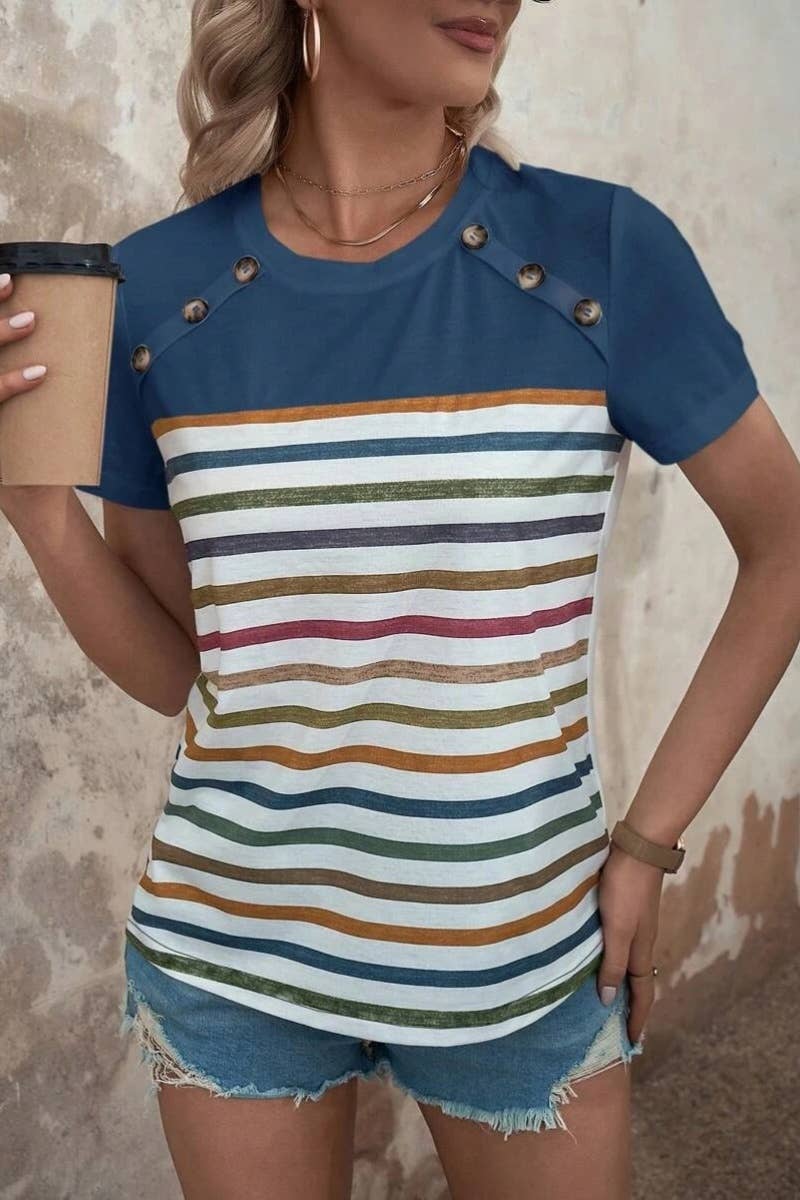 CWTBLS1145_SUMMER STRIPED PRINT BUTTON-UP SHORT SLEEVE TOP