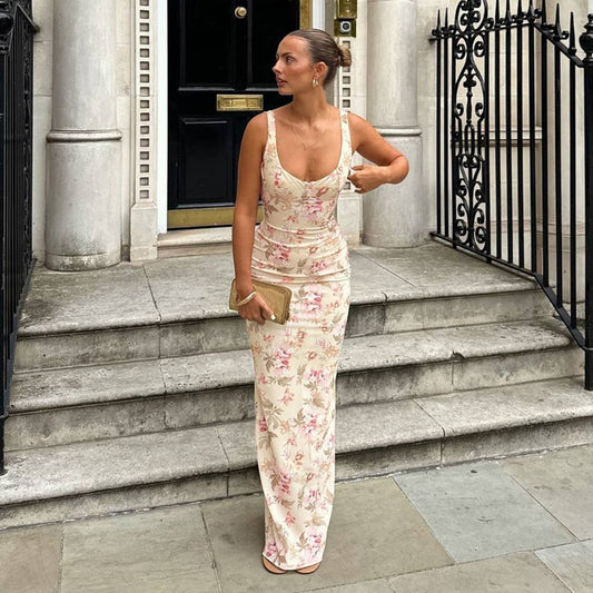Floral U-Neck Slit Spaghetti Strap Dress