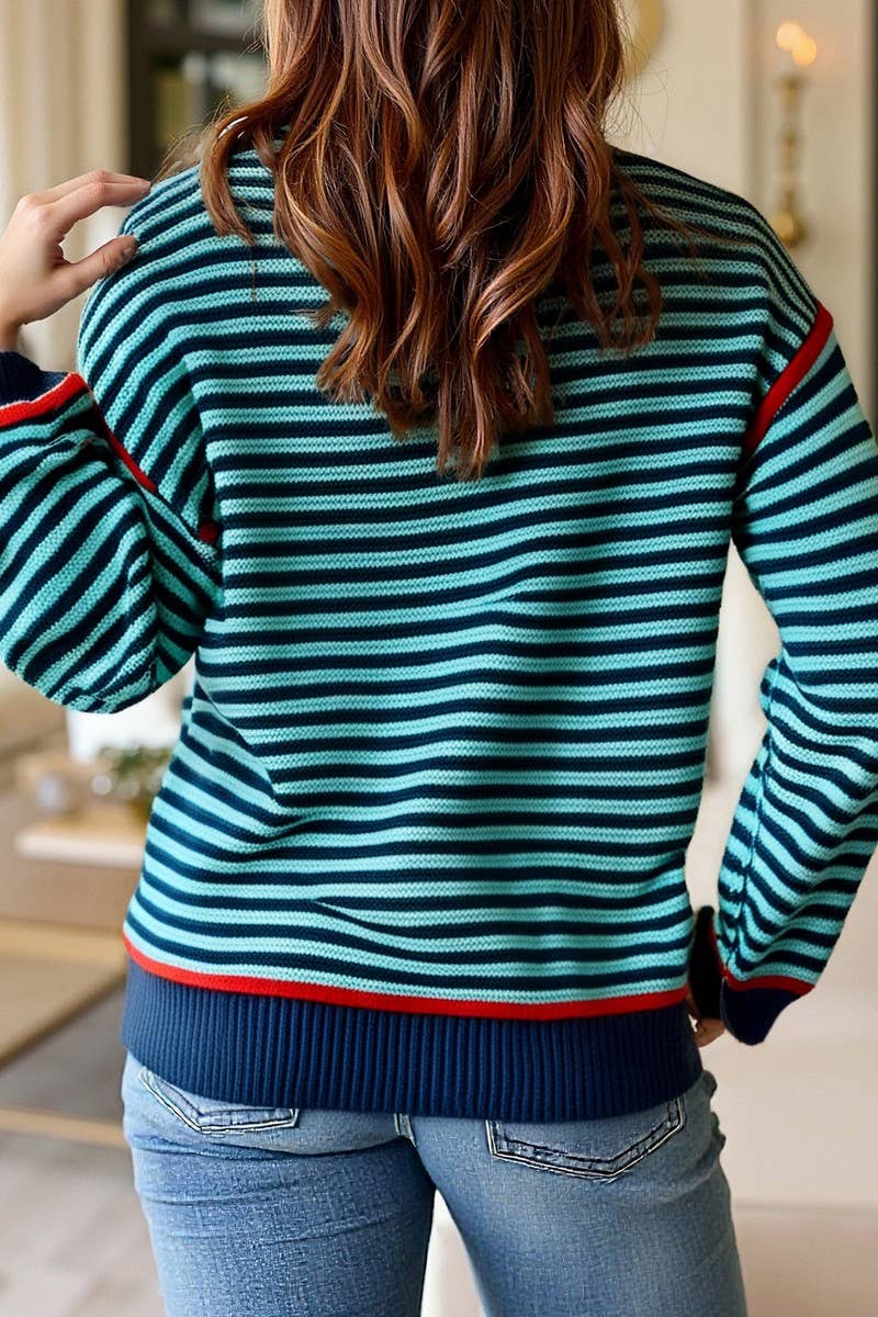 CWOSWL07084_STRIPED KNITTED CREW NECK LOOSE LONG-SLEEVED TOP