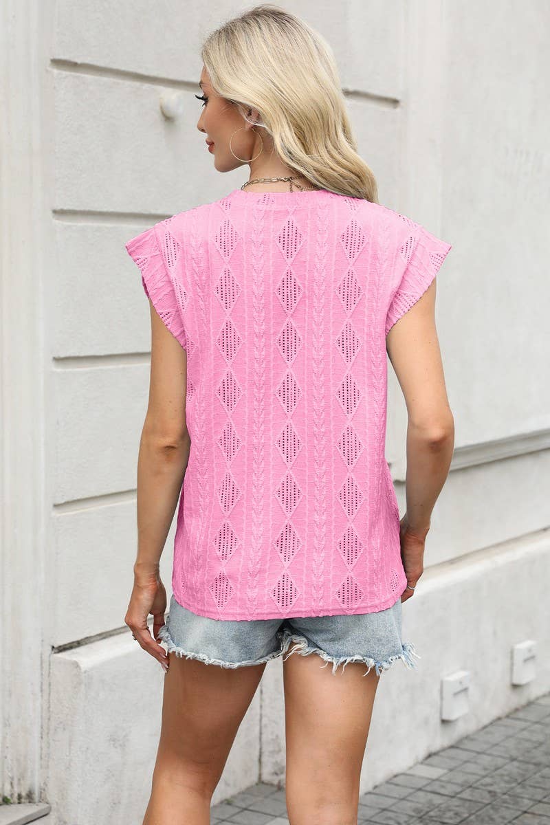 CWTBLS1696_ROUND NECK JACQUARD LOOSE SHORT SLEEVE TOP