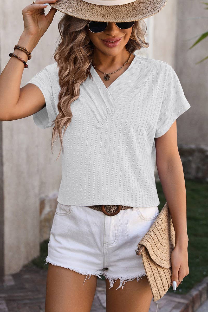 CWTBLS0916_V-NECK CHAIN JACQUARD TOP SHORT SLEEVE