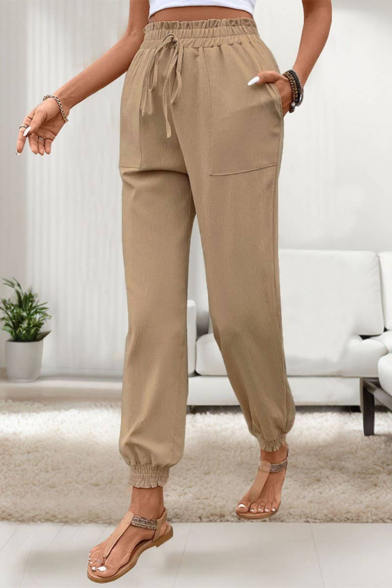 CWBLP1793_SUMMER SOLID COLOR TEXTURED ELASTIC WAIST PANTS