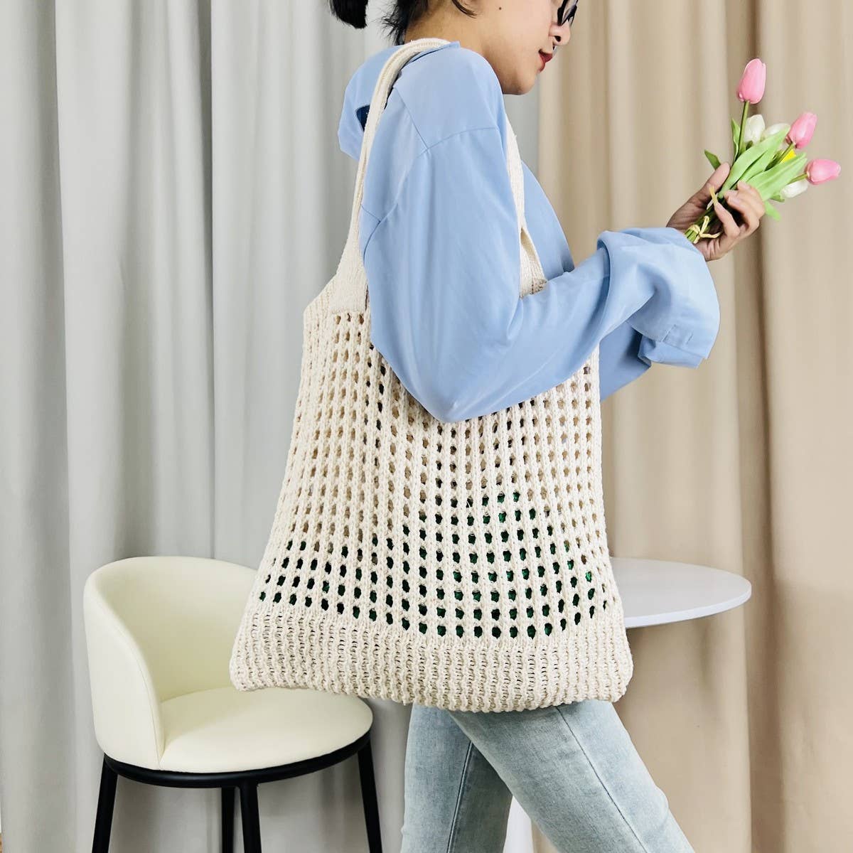 CWAB5059_SOLID COLOR HOLLOW BAG SINGLE SHOULDER WOVEN BAG