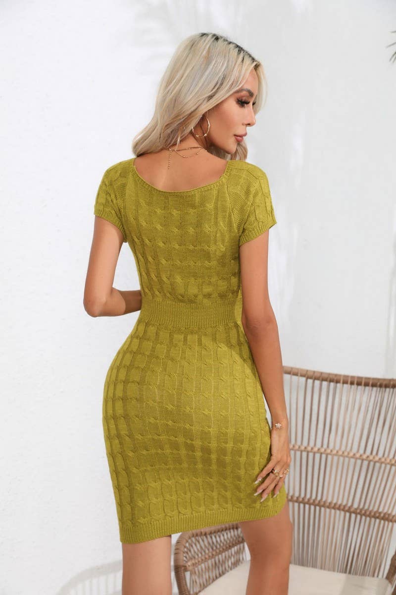 CWDSD2929_ROUND NECK SHORT SLEEVE CABLE KNIT BODYCON DRESS
