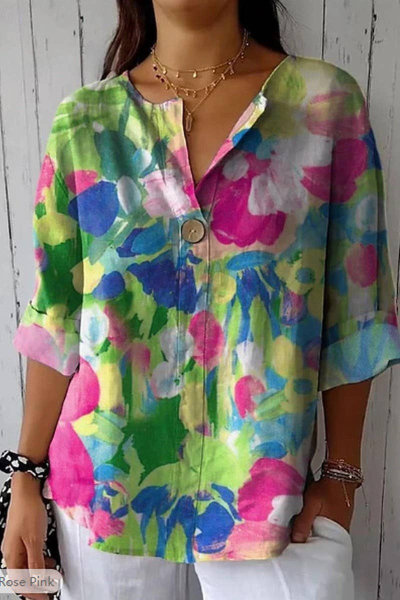 CWTBLL00715_BUTTONED V-NECK PRINTED CASUAL TOP T-SHIRT