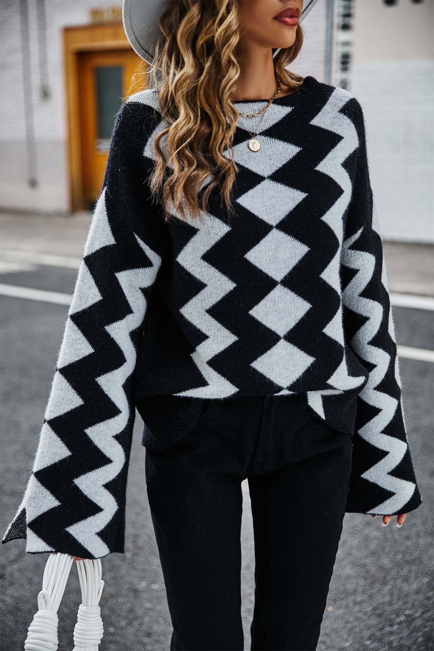 DIAMOND CHECK PATCHWORK KNIT SWEATER