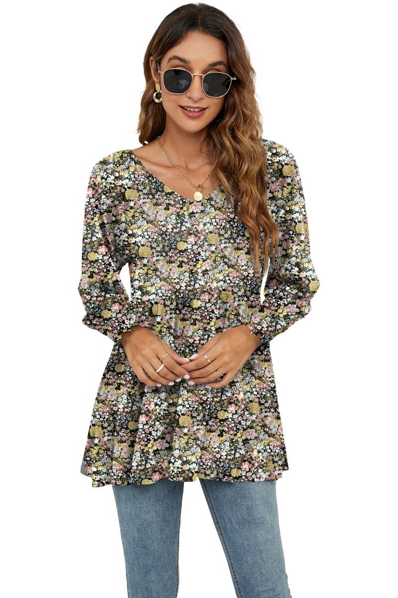 CWTBLL2935_FALL FLOWER BOUQUET WAIST PUFFY SLEEVE TOP