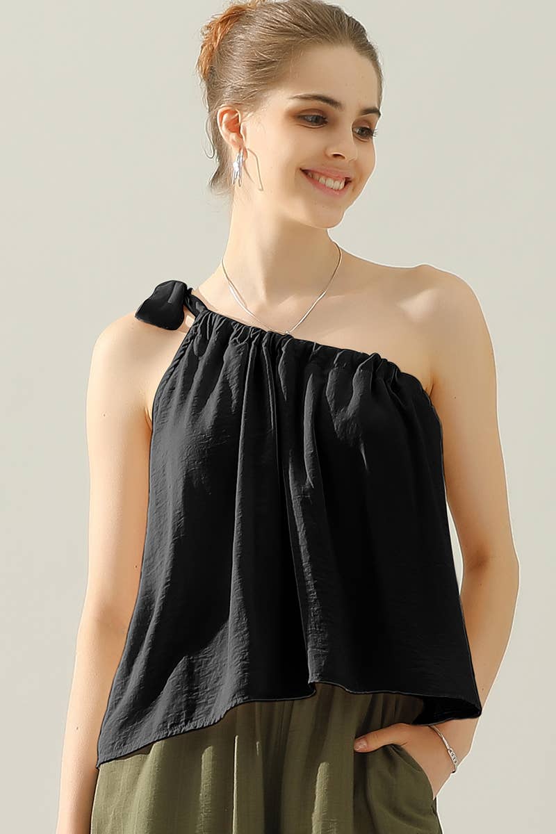 CWTHT028_ONE SHOULDER BOW TIE STRAP SATIN SILK BLOUS TOP