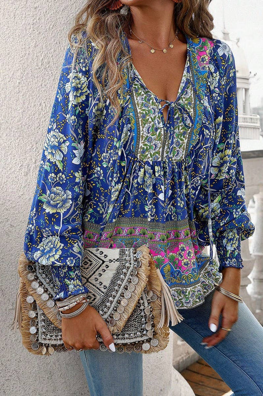 CWTBLL3942_BOHO V-NECK TIE FRONT PRINTED LONG SLEEVE BLOUSE