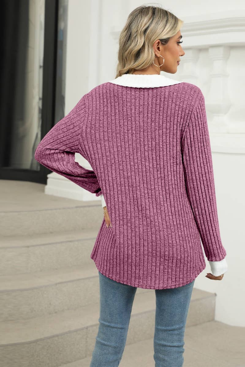 CWOSWL6610_WINTER V-NECK LONG-SLEEVED LAPEL SWEATER