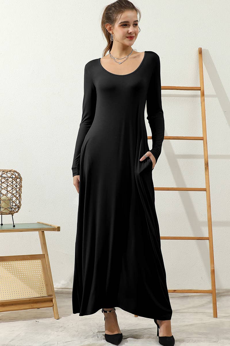 CWDMD799_R NECK LOOSE FIT MAXI DRESS WITH SIDE POCKETS