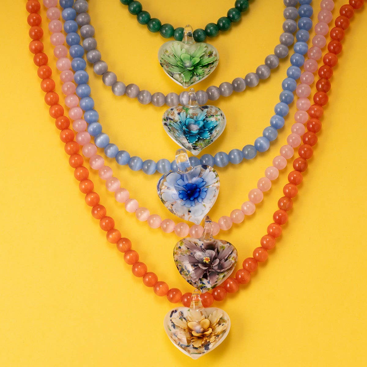 Cat?™s Eye Glass Heart Flower Pendant Necklace_CWMM7536