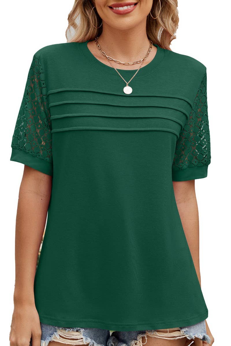 CWTBLS1726_SOLID COLOR ROUND NECK LACE SLEEVE T-SHIRT TOP