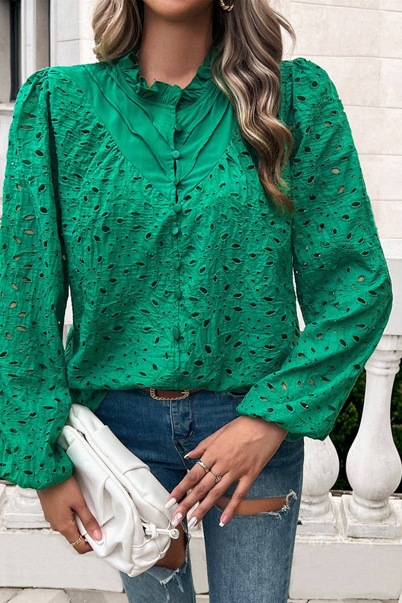 CWTSTL2732_ELEGANT HOLLOW PUFF SLEEVE EMBROIDERED TOP