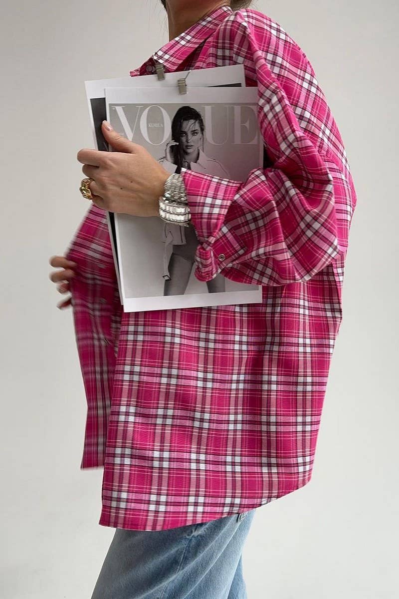 CWTBLL00570_LOOSE CASUAL LONG-SLEEVED PINK PLAID SHIRT