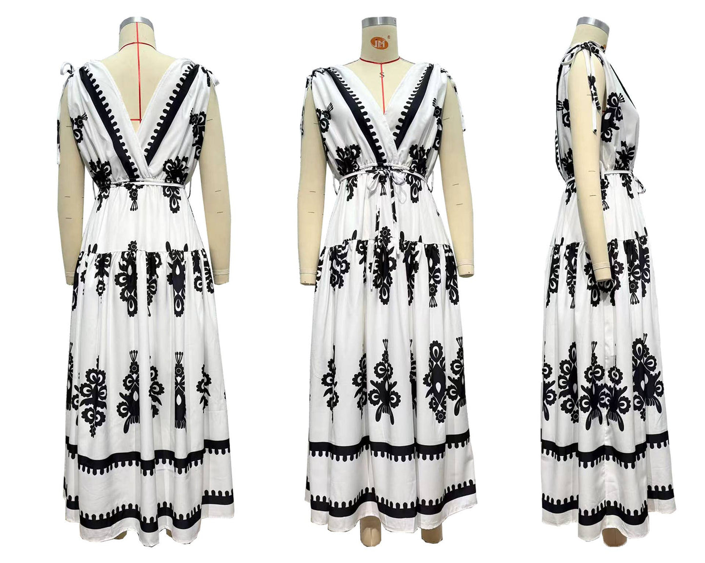 Cinched waist large hem printed V-neck dress