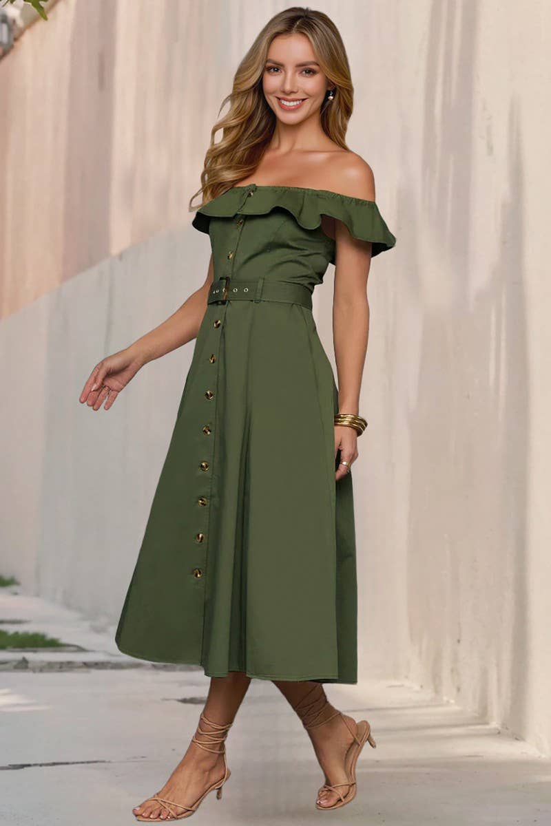 CWDMD6200_VINTAGE OFF SHOULDER RUFFLE BELTED A-LINE DRESS