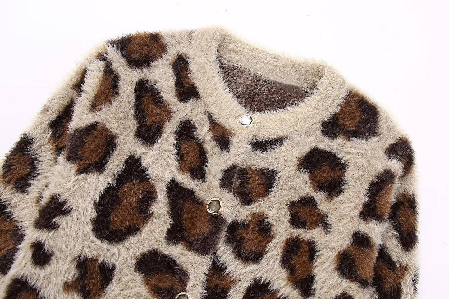 CREW-NECK LEOPARD PRINT SINGLE-BREASTED CARDIGAN