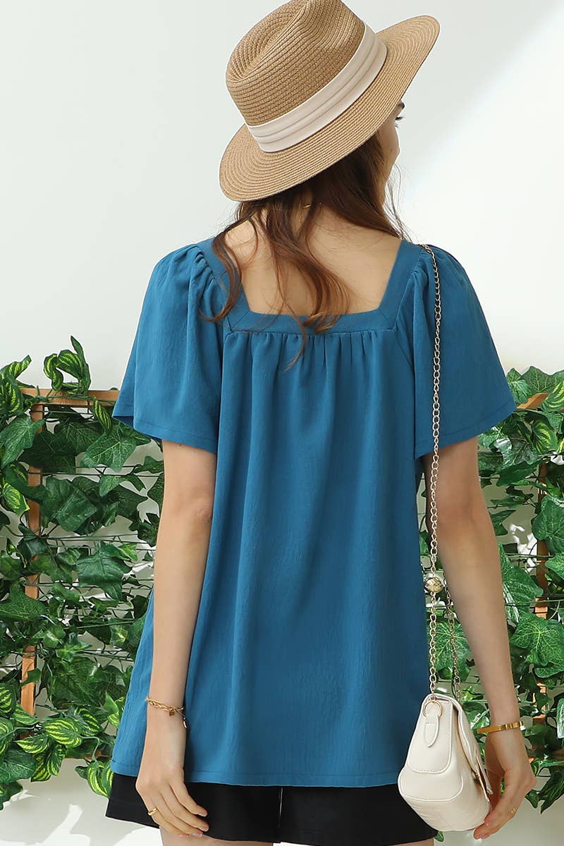 CWTBLS192-P_SQURE NECK RUFFLE NECK SHORT SLEEVE BLOUSES TOP