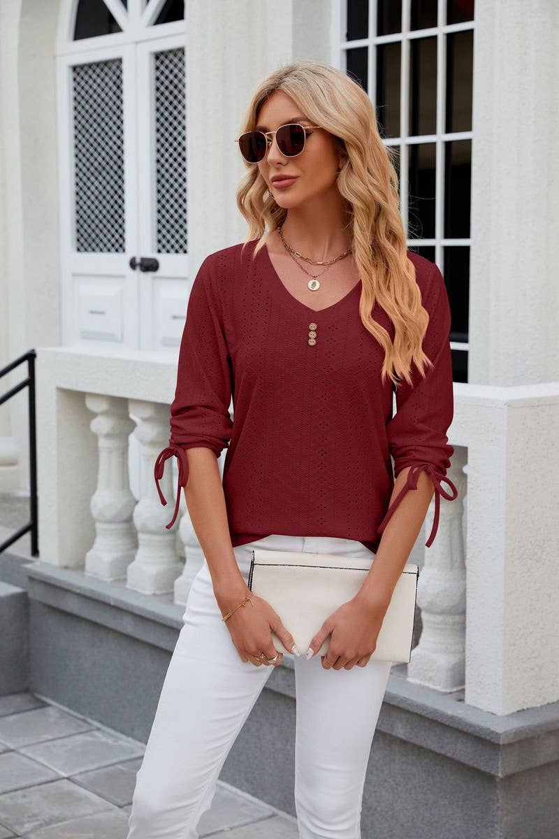 CWTTS0814_3/4 Sleeve V-Neck Knit Top