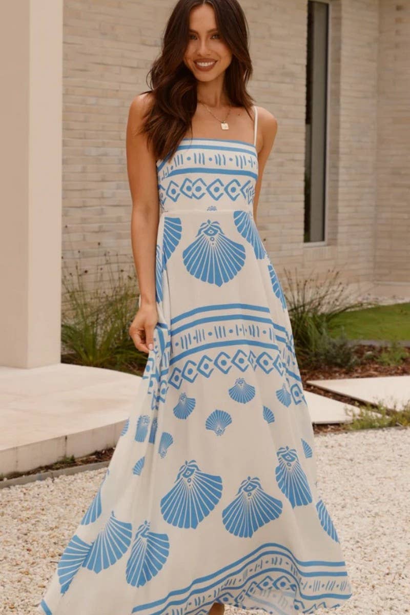 CWDHL0995_SHELL PRINT FRENCH HIGH WAIST SLIP DRESS