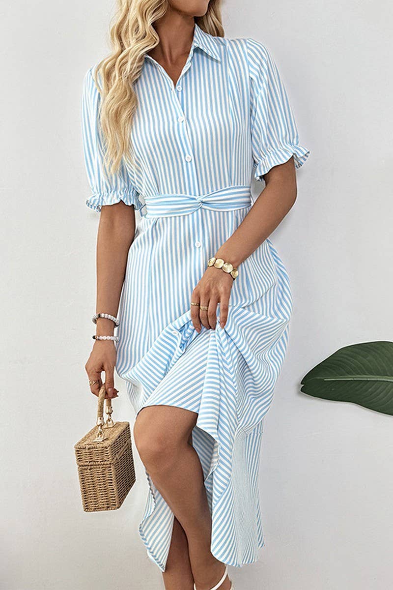 CWDMD5784_STRIPED PUFF SLEEVE COLLAR SUMMER MAXI DRESS