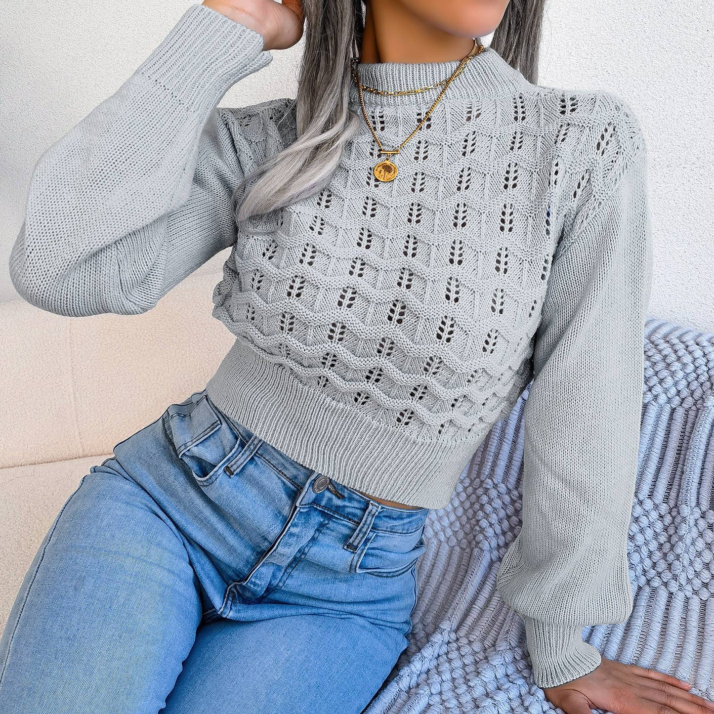 CUT-OUT STRIPED LANTERN SLEEVE CROP KNIT SWEATER