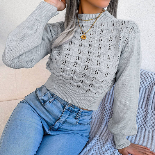 CUT-OUT STRIPED LANTERN SLEEVE CROP KNIT SWEATER