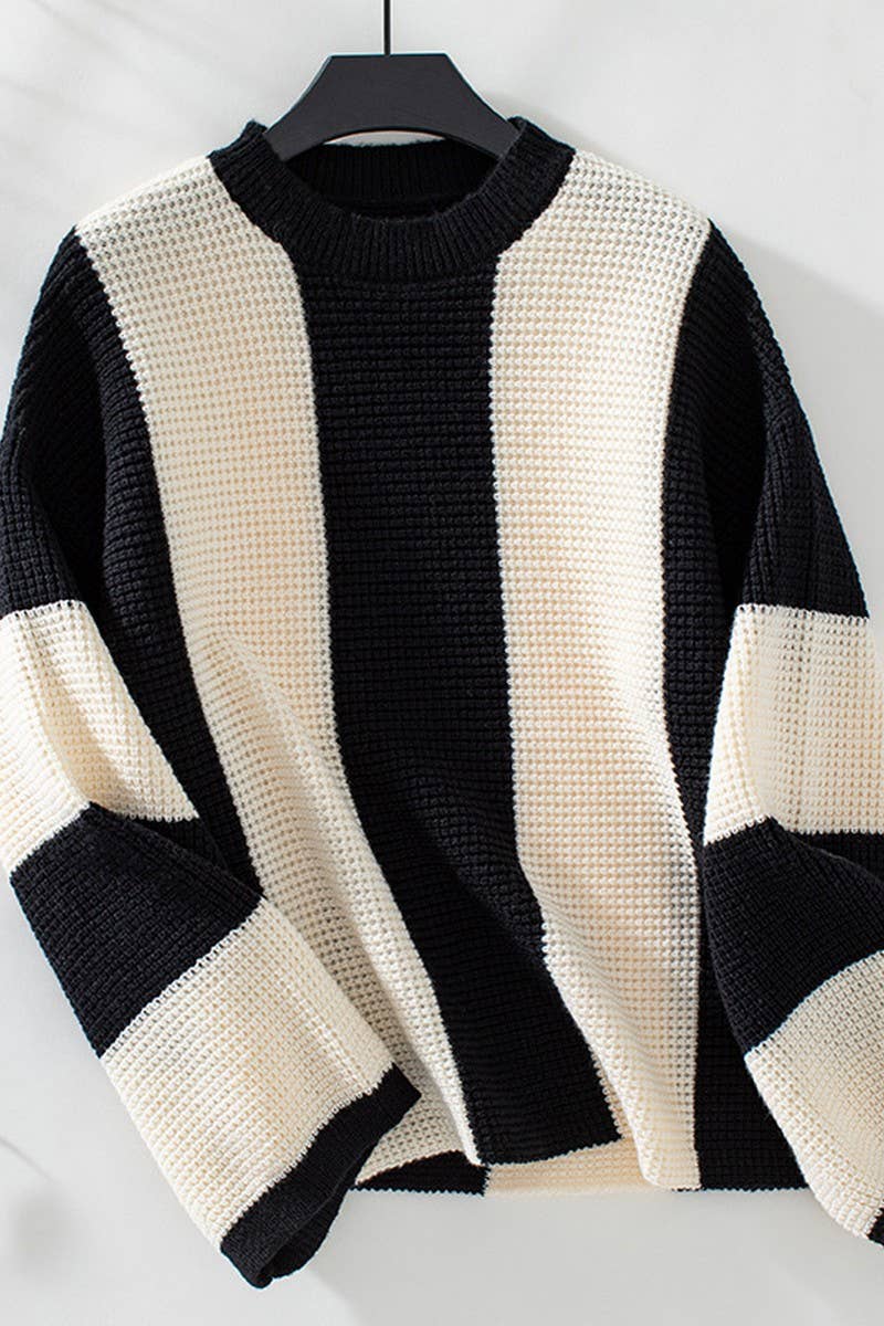 CWOSWL2816_LOOSE-FITTING CONTRAST STRIPED KNITTED SWEATER