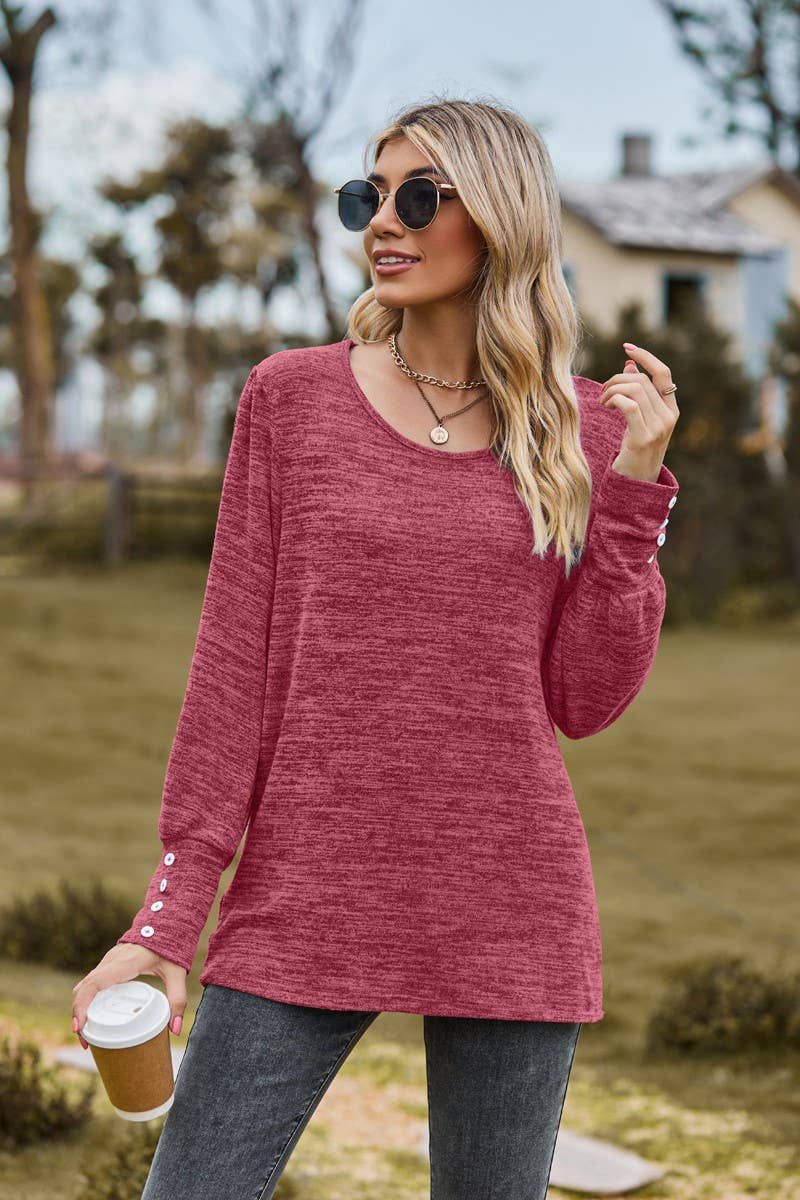 CWTBLL3688_SOLID COLOR ROUND NECK LOOSE CASUAL LONG SLEEVE T