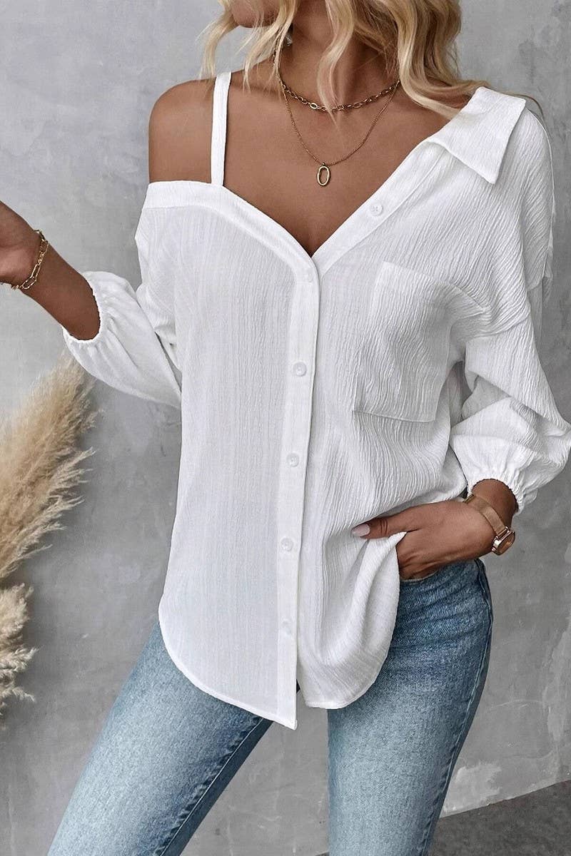 CWTSTL2794_LAPEL OFF-SHOULDER TEXTURED SINGLE-BREASTED SHIRT