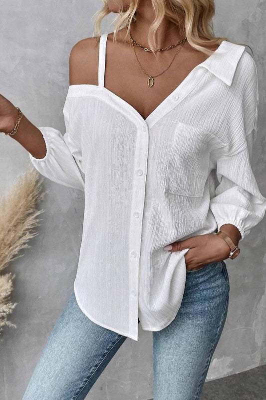 CWTSTL2794_LAPEL OFF-SHOULDER TEXTURED SINGLE-BREASTED SHIRT