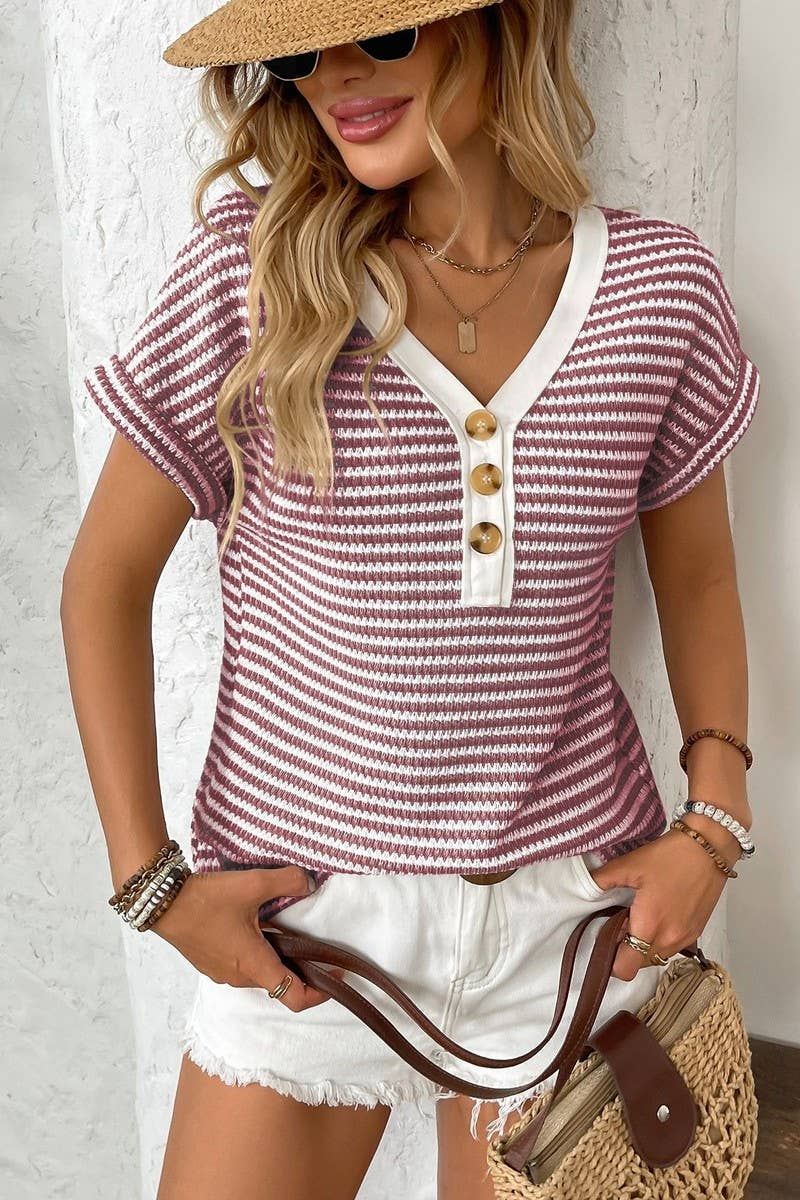 CWTTS1356_MER WOMEN'S KNITTED V-NECK SHORT SLEEVES