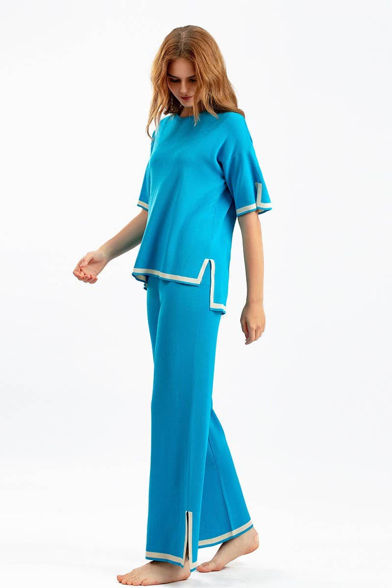 CWSTB00422_COLORBLOCK KNIT TOP & HIGH WAIST WIDE LEG SET