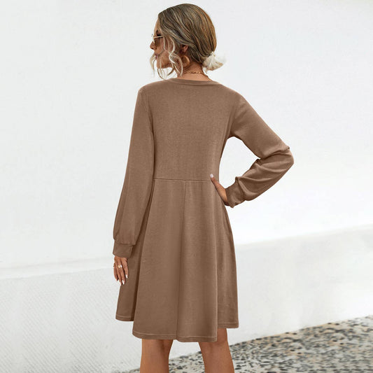 CASUAL SOLID COLOR LONG SLEEVE HIGH-WAISTED DRESS
