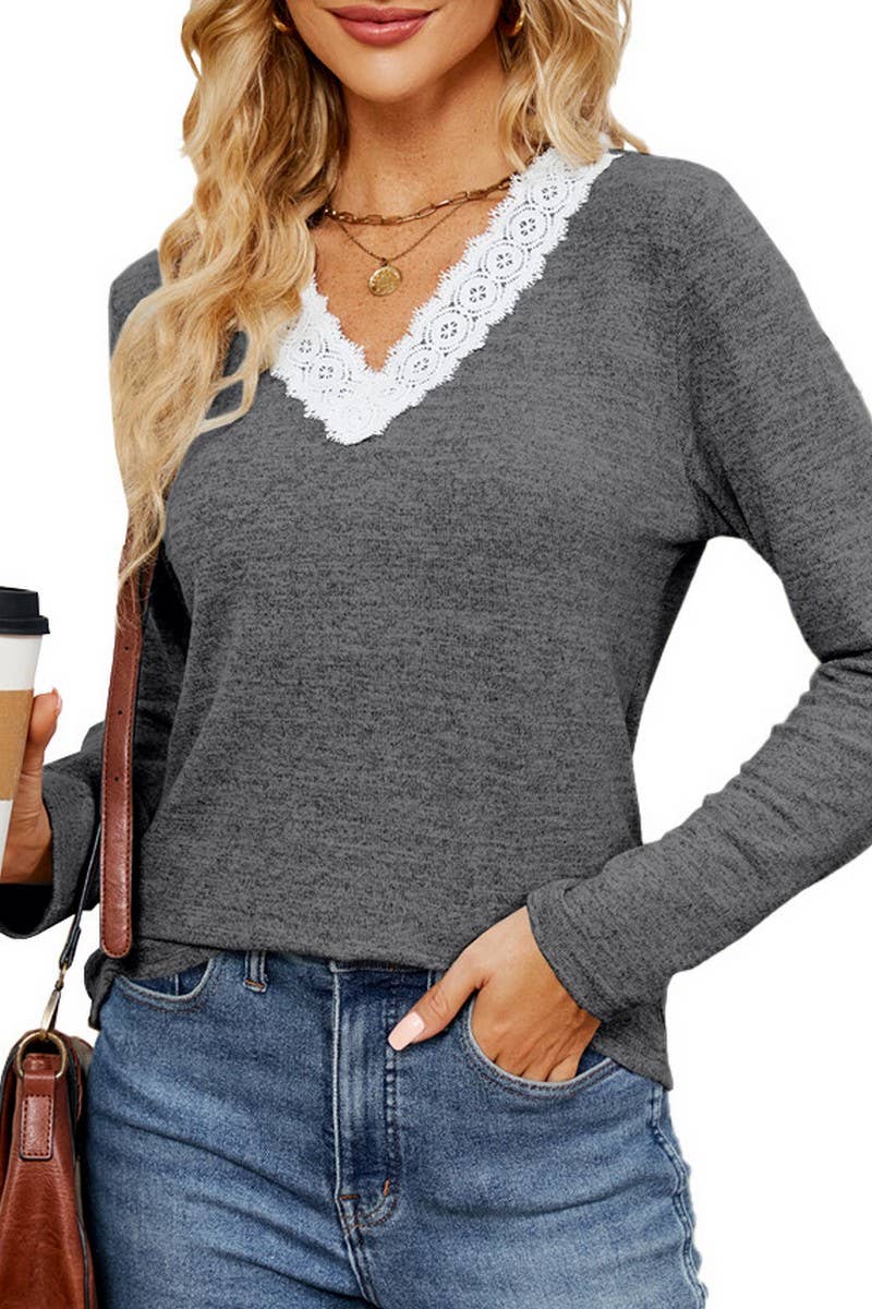 CWTBLL2385_V-NECK LACE LONG-SLEEVED LOOSE PULLOVER