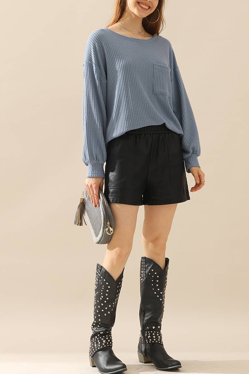 CWTTL1097_SHIRING CUFF R NECK SWEATER KNIT TOP