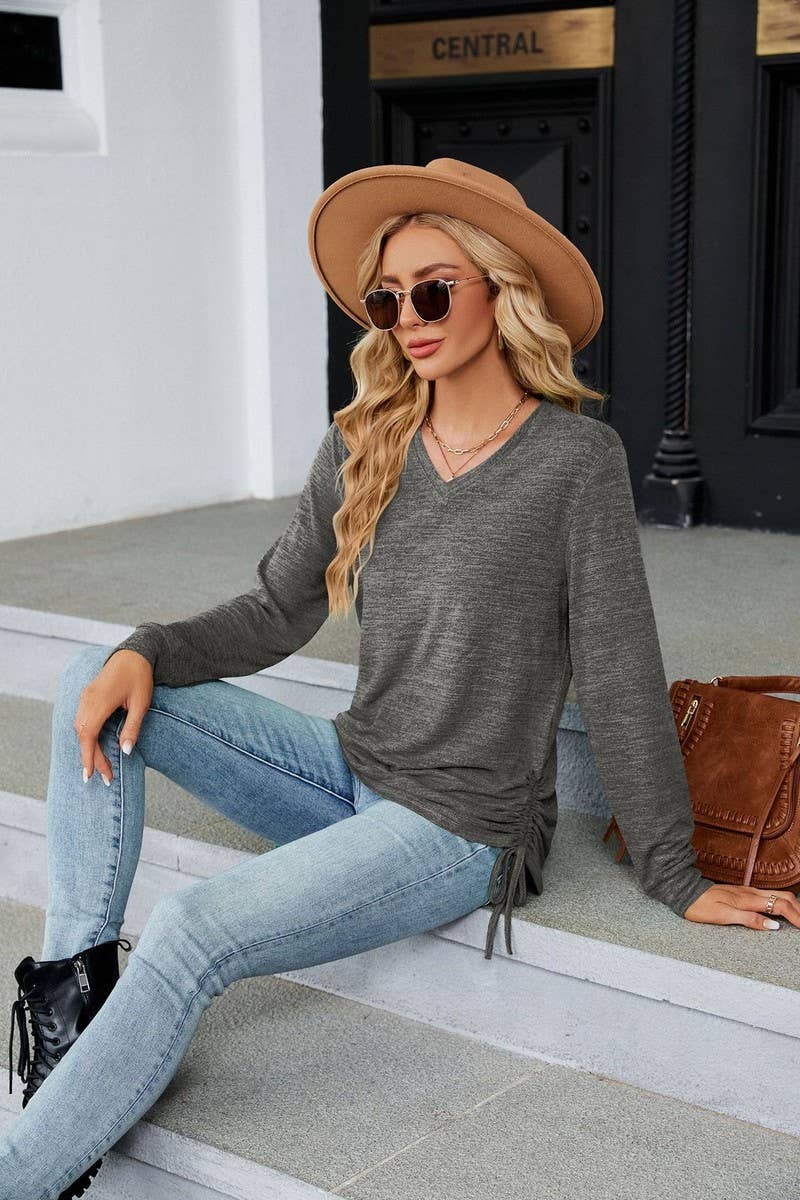 CWTBLL3662_WOMEN'S V-NECK PLEATED LONG SLEEVED LOOSE T-SHIRT