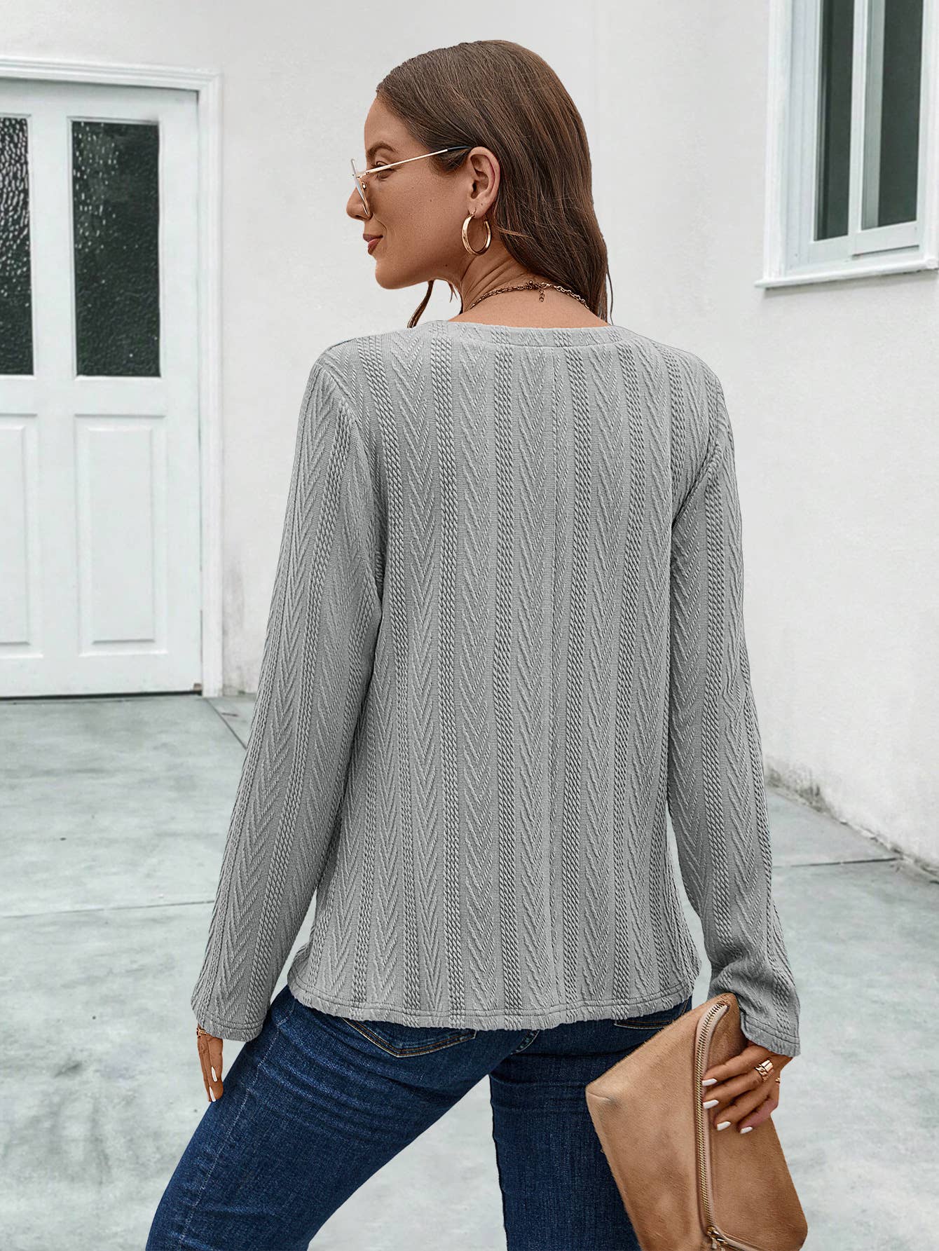 BUTTON KNIT FABRIC LONG SLEEVE TOP