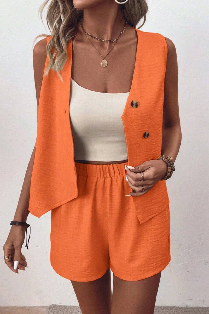 CWSS1088_SOLID COLOR V-NECK IRREGULAR VEST SHORTS SET
